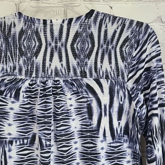 Chico's Navy Tie Dye Shimmer Linen Open Front Cardigan Lightweight Knit Sweater - Picture 9 of 9